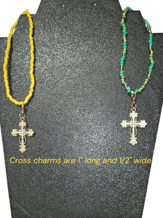 Handmade Gold Cross Pendant Bracelets - Yellow & Green/teal Beaded Options - Picture 4 of 4